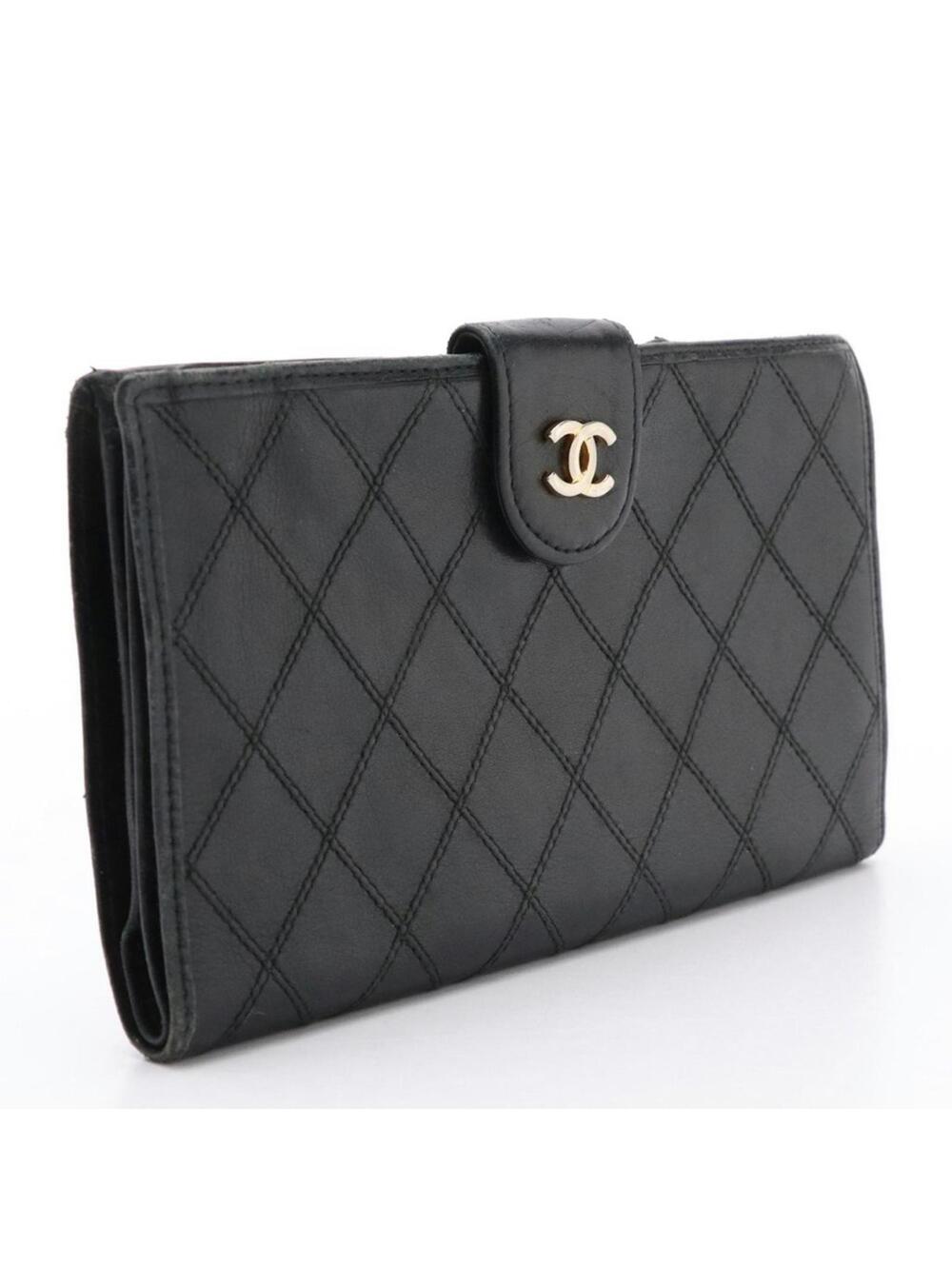 CHANEL Black Quilted Wallet Gold CC Vintage Karl Luxury Leather Large Good Fair